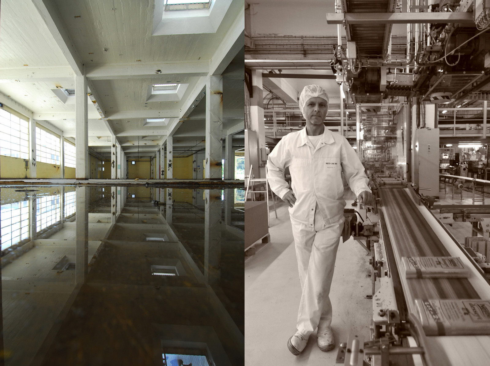 A gauche : Ancienne zone de conditionnement du café soluble –ligne de remplissage- Futur siège de l'agence régionale Orkin –filiale d'Air Liquide- zone de stockage et d'entretien de materiel médical en location. A droite : Patrice PEDREGNO, salarié Netcacao « Lorsque je suis rentré chez Nestlé en aril 1978 on était 1370, et quasiment 28 ans plus tard jour pour jour, j'ai été licencié -en avril 2006, et là on était plus que 480. A l'époque on allait travailler avec le sourire car on était heureux d'aller travailler même s'il on travaillait dur, ce n'est plus le cas aujourd'hui… On travaillait dur mais on était récompensé de notre travail par des augmentations de salaire conséquentes. J'ai une vingtaine de collègues de l'usine qui ont laché prise, c'est à dire qu'ils sont partis en dépression et certains très gravement et ça se sont les dégats collatéraux d'une fermeture d'usine. »